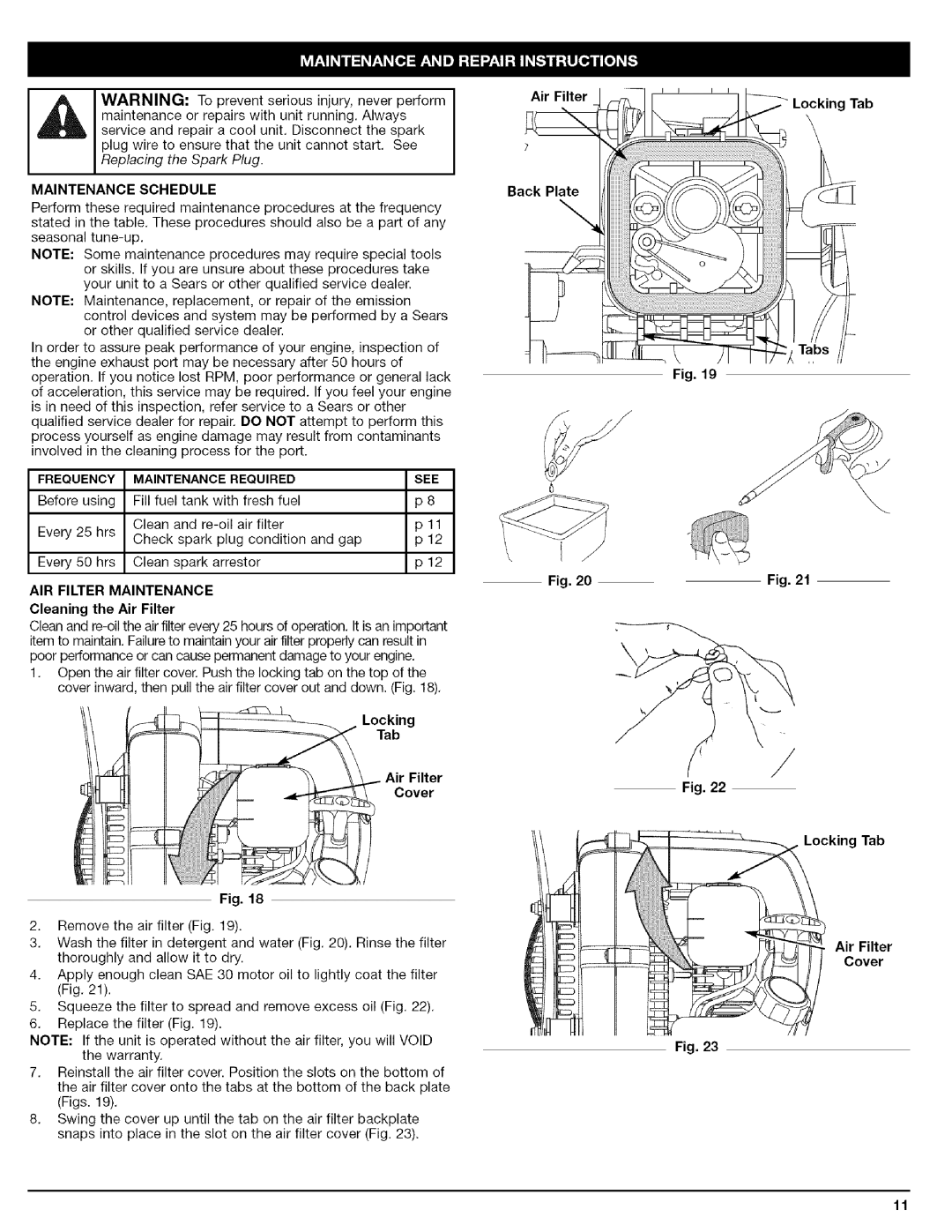 Craftsman 316.79479 manual Maintenance Schedule, Maintenance Required, AIR Filter Maintenance 