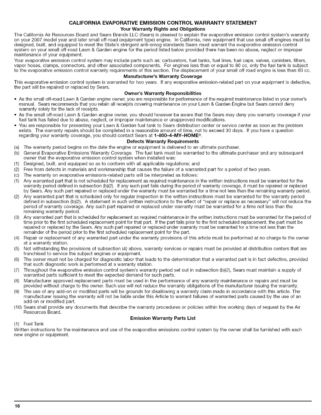 Craftsman 316.79479 manual California Evaporative Emission Control Warranty Statement, Defects Warranty Requirements 