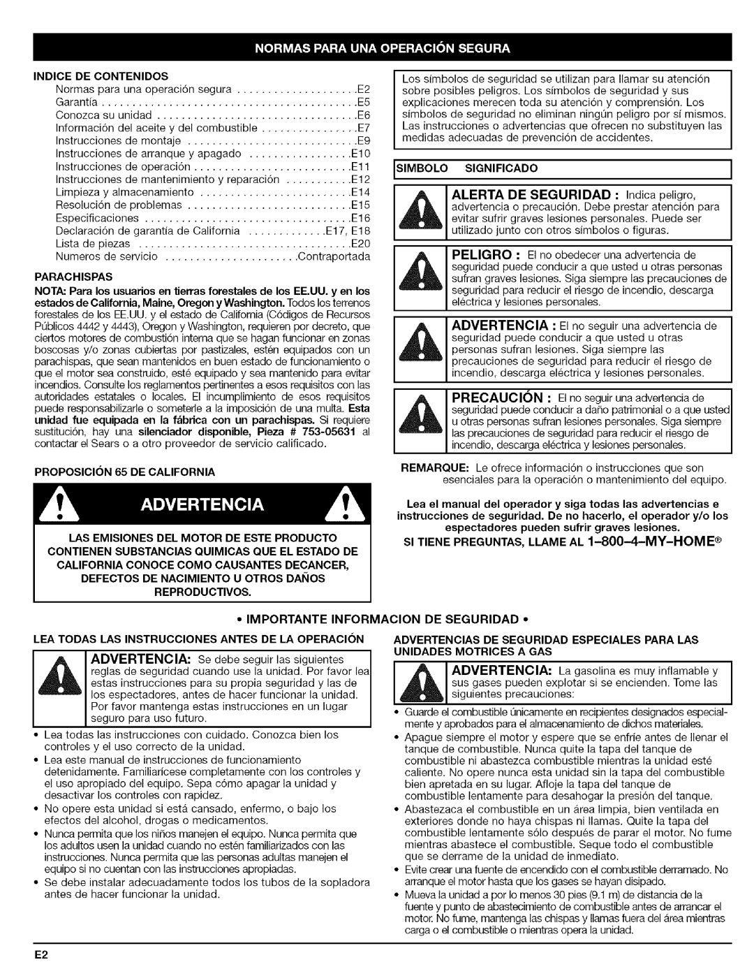 Craftsman 316.79479 manual Indice DE Contenidos, Parachispas, Proposicion 65 DE California, Simbolo Significado 