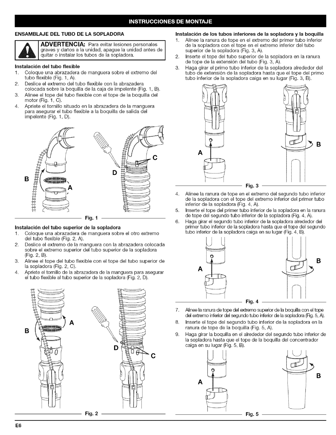 Craftsman 316.79479 manual Ensamblajedeltubodelasopladora, Instalaci6n del tube flexible 