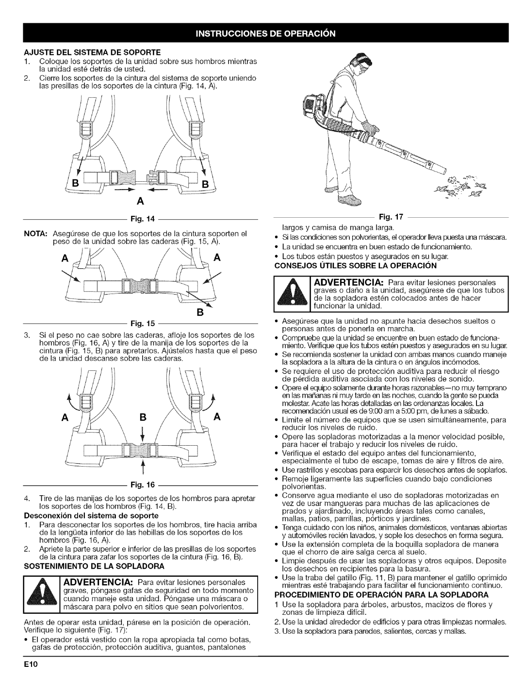 Craftsman 316.79479 manual Ajustedelsistemadesoporte, Sostenimiento DE LA Sopladora, Consejos Utiles Sobre LA Operacion 