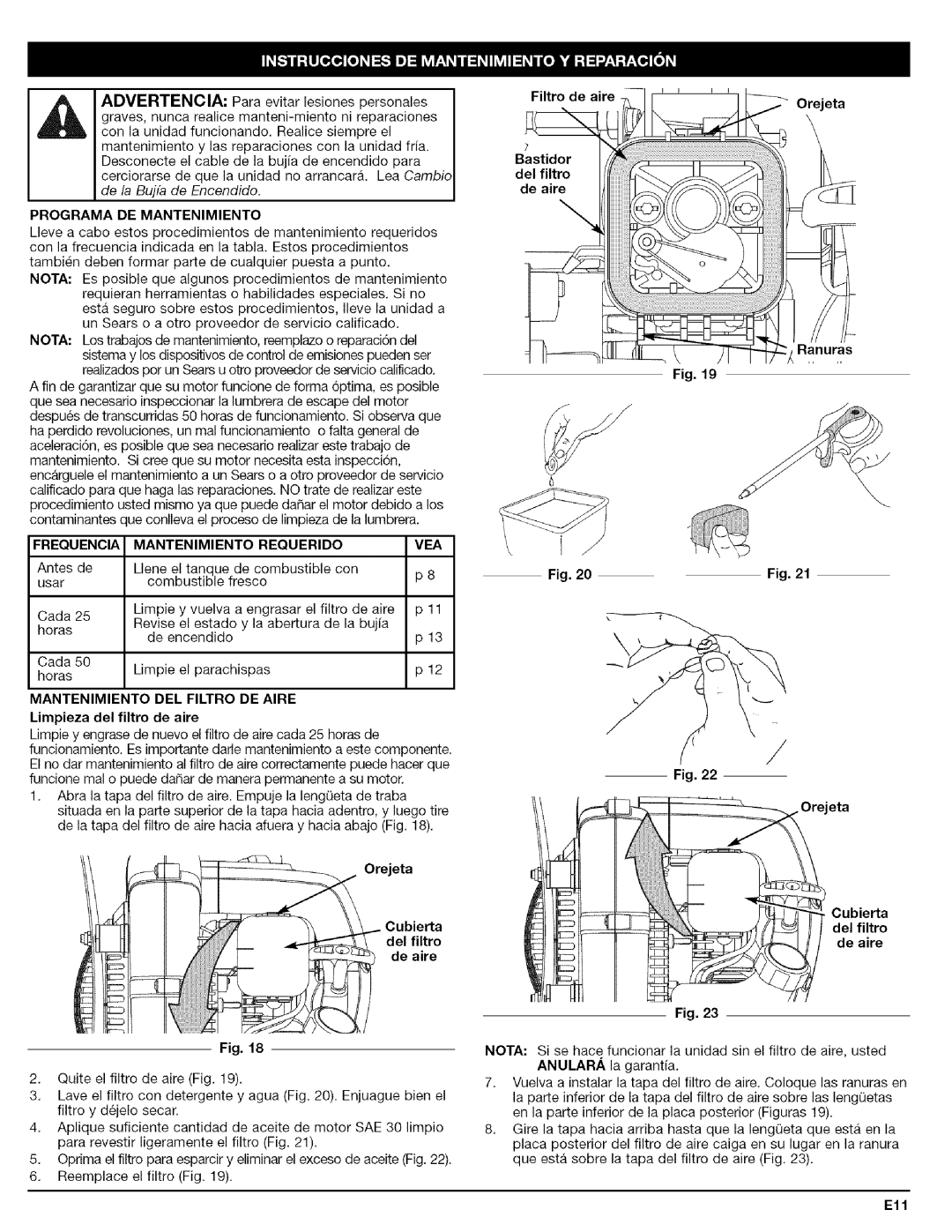 Craftsman 316.79479 manual Frequencia Mantenimiento Requerido VEA, Mantenimiento DEL Filtro DE Aire 