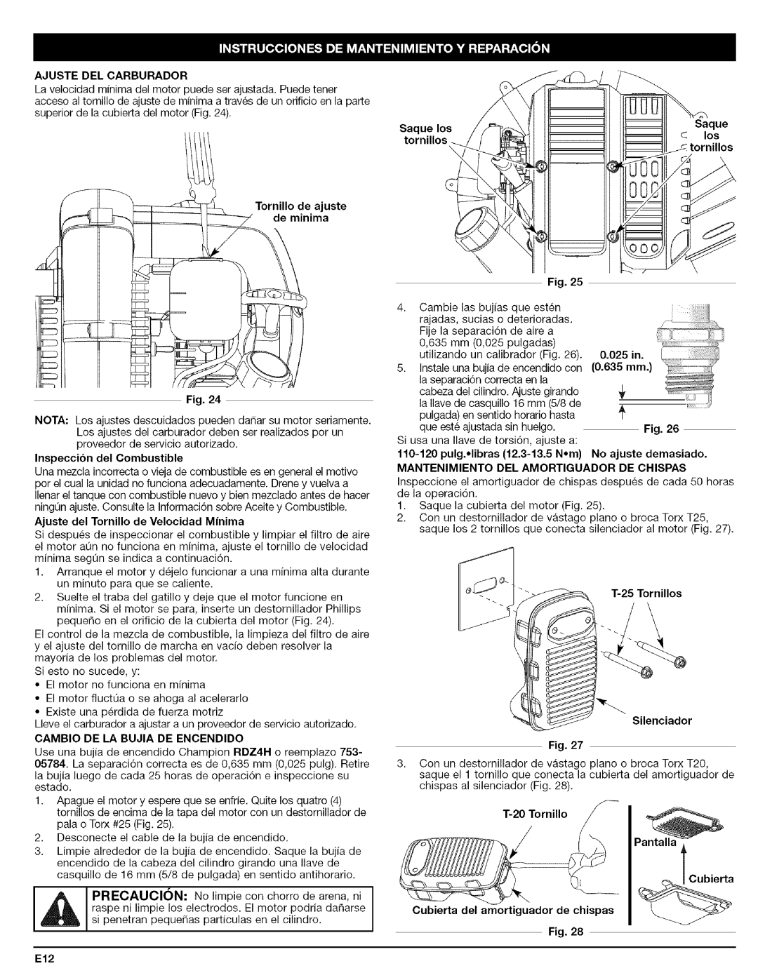 Craftsman 316.79479 Ajuste DEL Carburador, Cambio DE LA Bujia DE Encendido, Mantenimiento DEL Amortiguador DE Chispas 