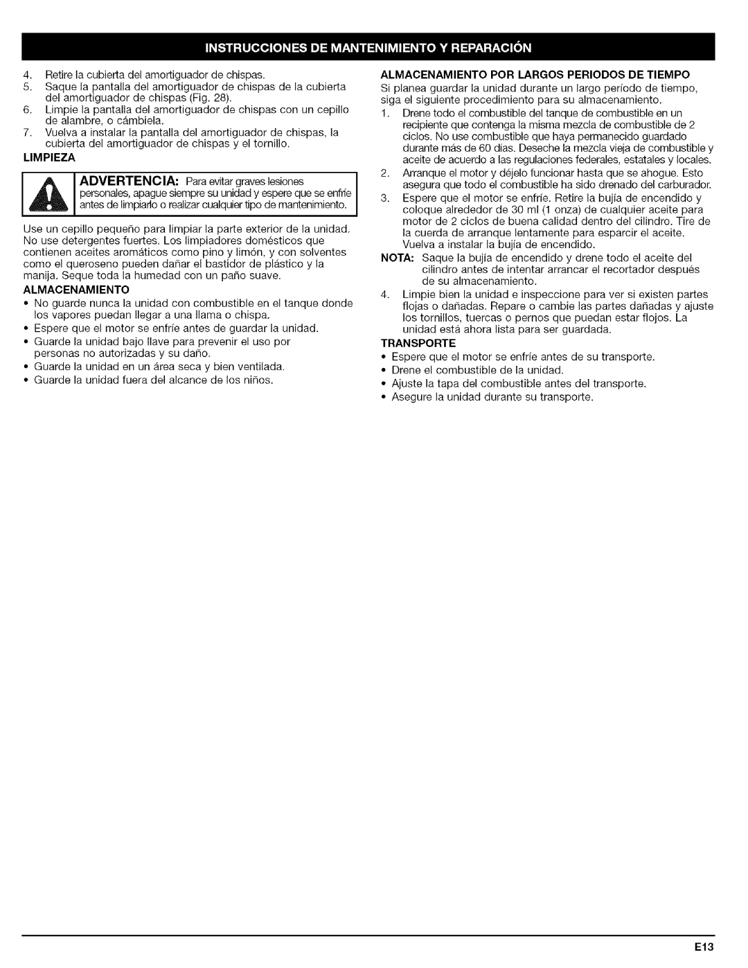 Craftsman 316.79479 manual Limpieza, Almacenamiento POR Largos Periodos DE Tiempo, Transporte 