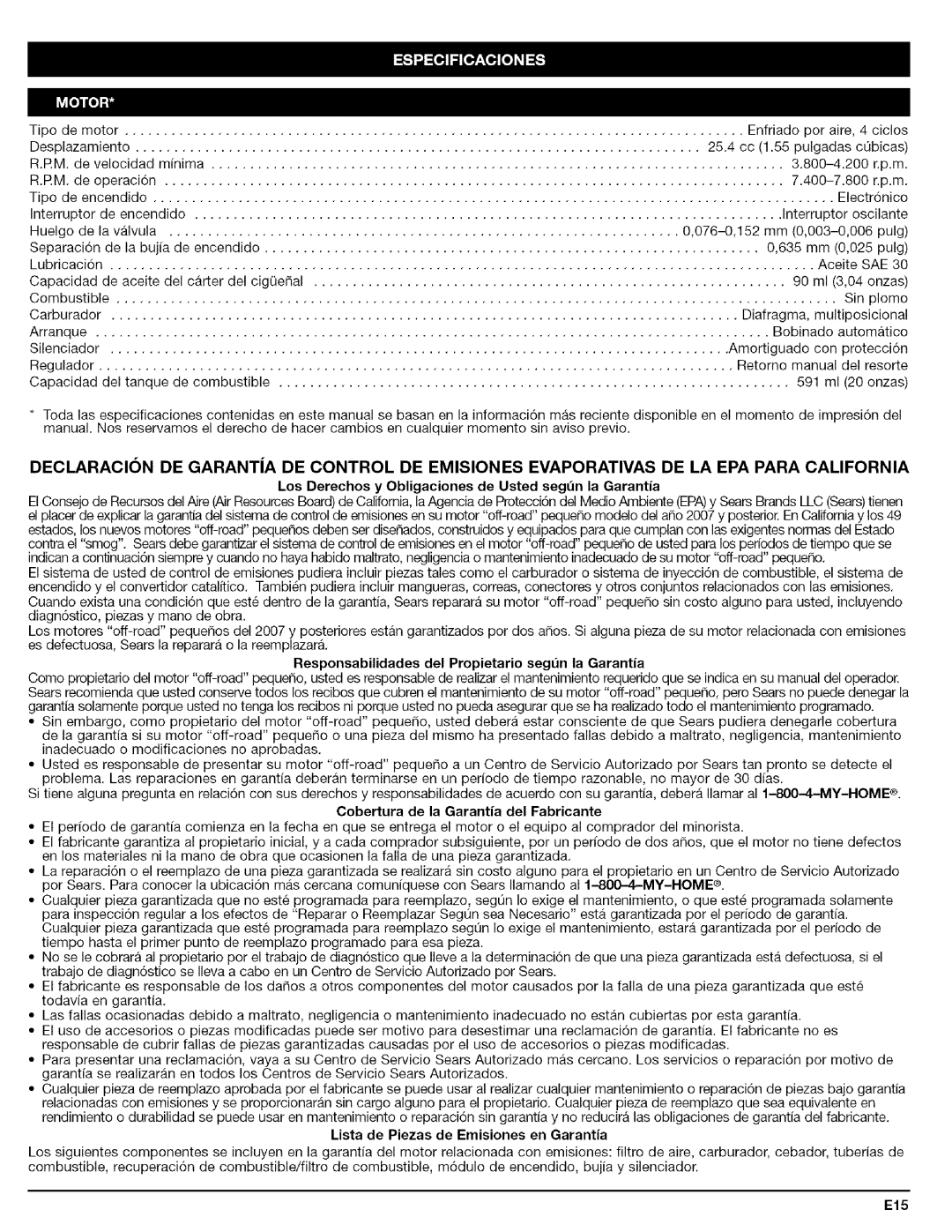 Craftsman 316.79479 Los Derechos y Obligaciones de Usted segtn la Garantia, Cobertura de la Garantia del Fabricante, E15 