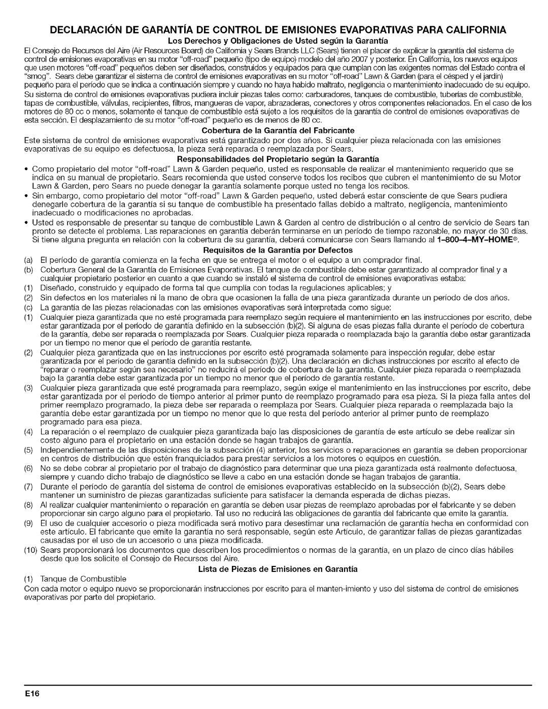 Craftsman 316.79479 Los Derechos y Obligaciones de Usted segOn la Garantia, Requisitos de la Garantia por Defectos, E16 