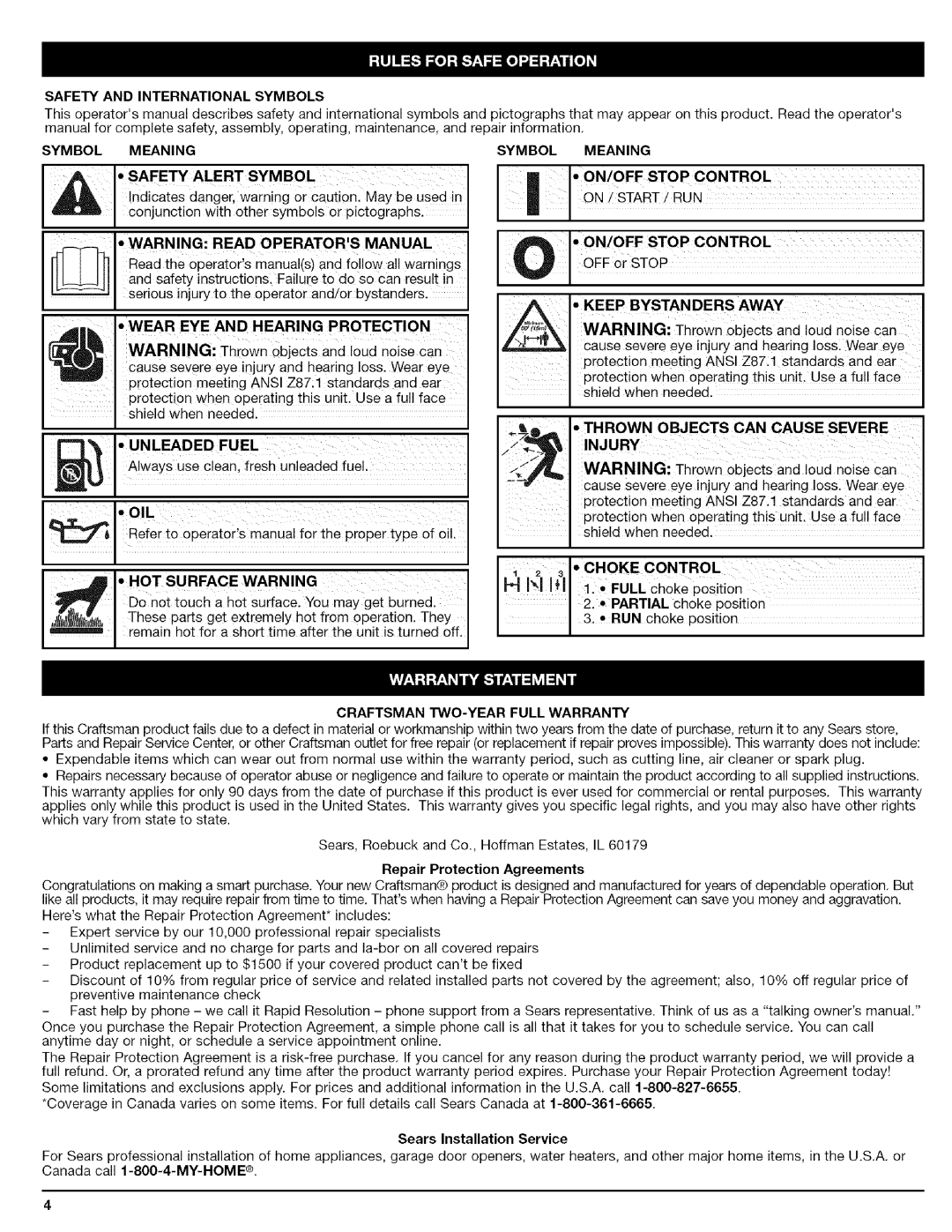 Craftsman 316.79479 manual Safety and International Symbols, Safety Alert Symbol, Wear EYE and Hearing Protection 