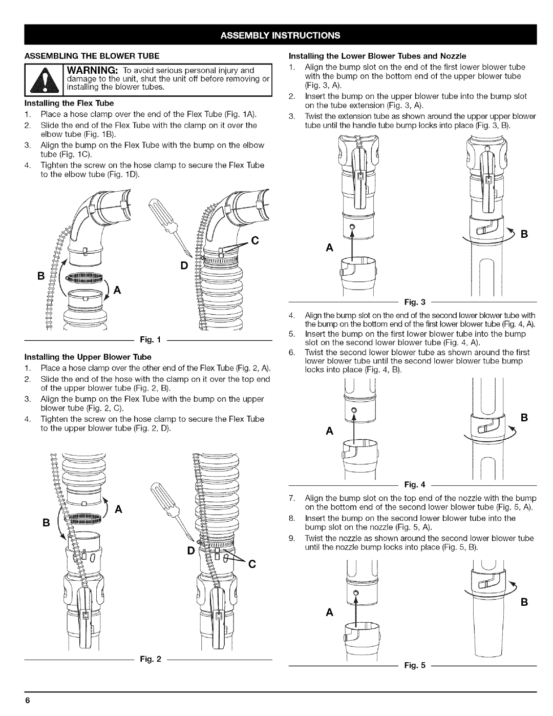 Craftsman 316.79479 manual Assemblingtheblowertube, Installing the Flex Tube, Installing the Lower Blower Tubes and Nozzle 