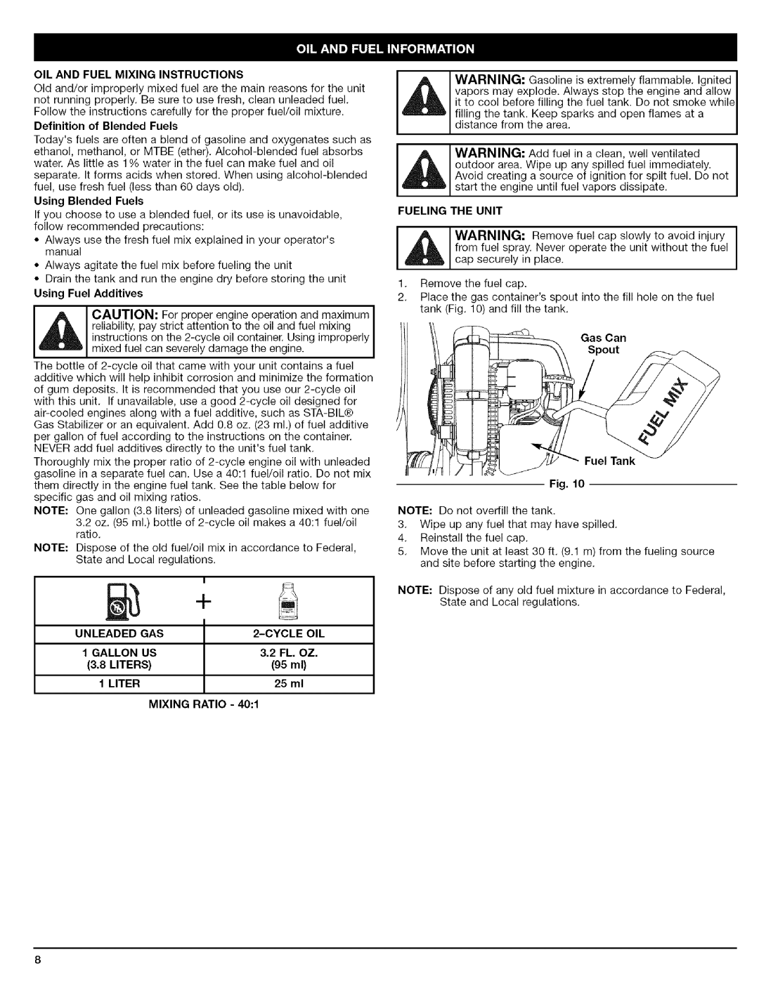 Craftsman 316.79479 manual OIL and Fuel Mixing Instructions, Unleaded GAS Cycle OIL, Liters, Fueling the Unit 