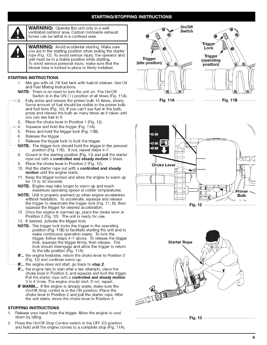 Craftsman 316.79479 manual Starting Instructions, Stopping Instructions 