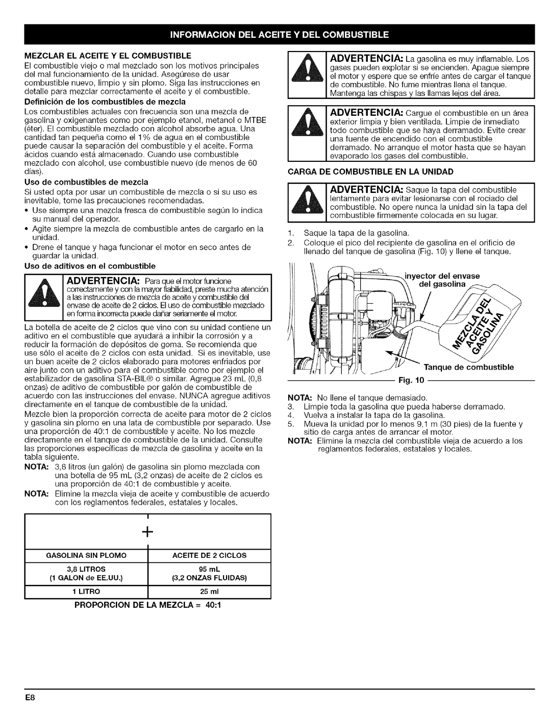 Craftsman 316.79479 manual Mezclarelaceitey Elcombustible, ADVERTENCIA: Paraqueelmotorfunelone 