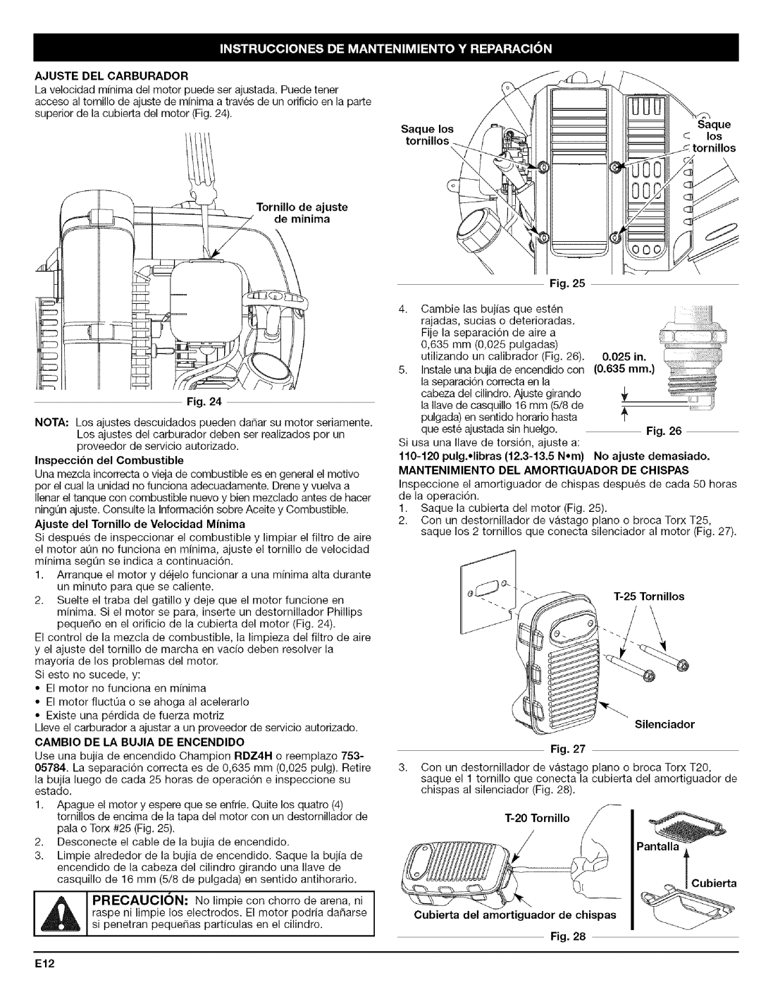Craftsman 316.79479 manual Ajuste Del Carburador 