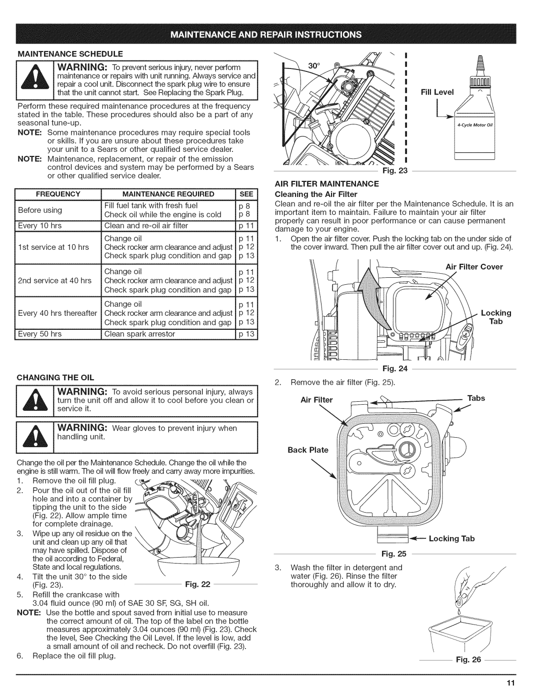 Craftsman 316.794801 manual Maintenance Schedule, OiL, Fill L AiR Filter Maintenance, Air Filter, Locking Tab 