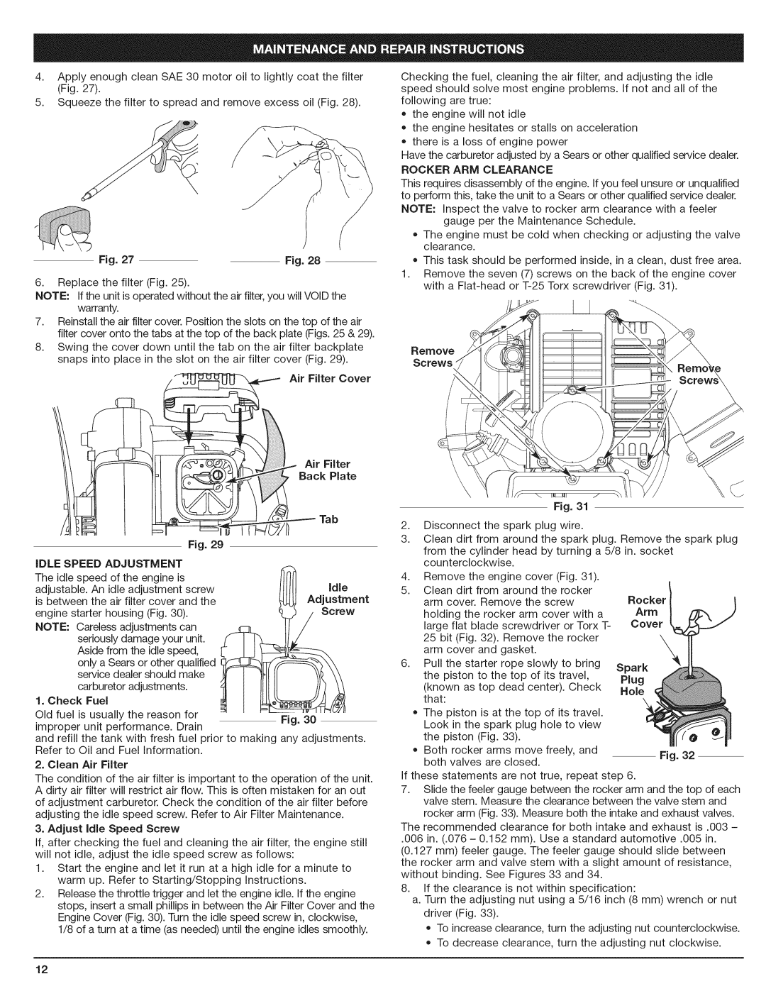 Craftsman 316.794801 manual Rocker ARM Clearance, Air Filter Cover, Tab, Adjust Idle Speed Screw, Plug 