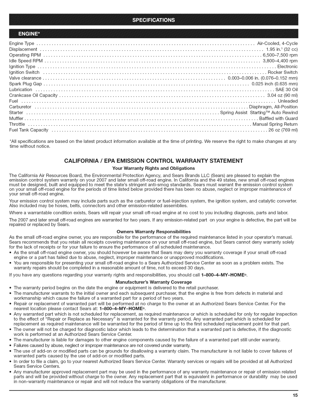 Craftsman 316.794801 manual EngineType Air-Cooled,4-Cycle Displacement 