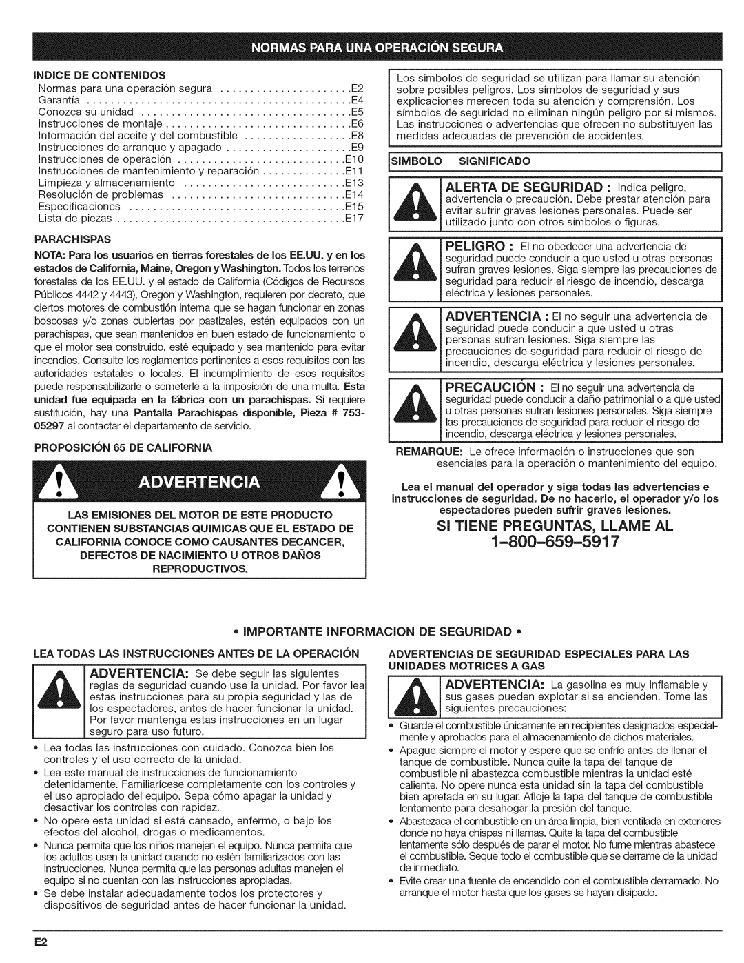 Craftsman 316.794801 manual Indice DE Contenidos, Proposicion 65 DE CALiFORNiA, Reproductivos, Unidades Motrices a GAS 