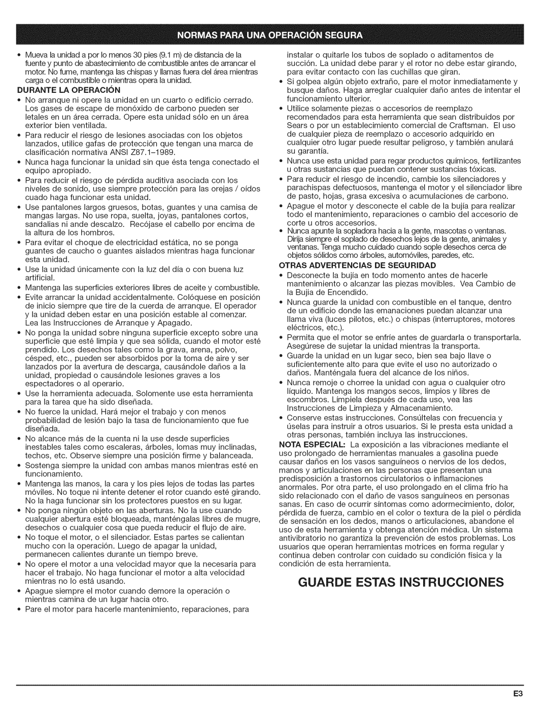 Craftsman 316.794801 manual Durante LA Operacion, Otras Advertencias DE Seguridad 