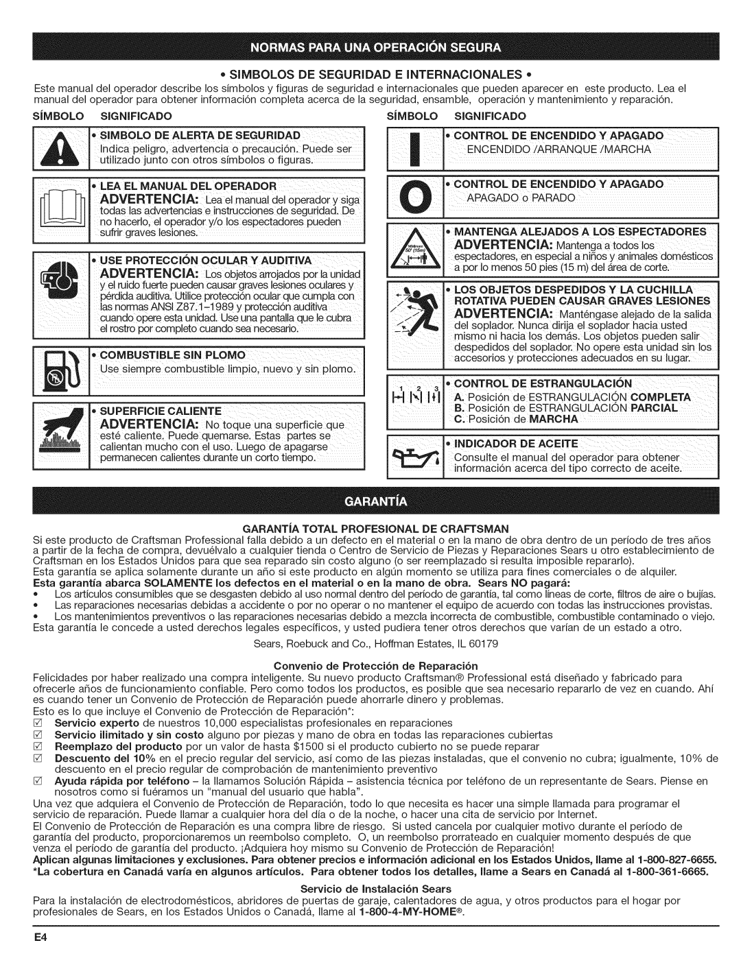 Craftsman 316.794801 manual Simbolosde Seguridad E Internacionales, USE Proteccion Ocular Yauditiva 