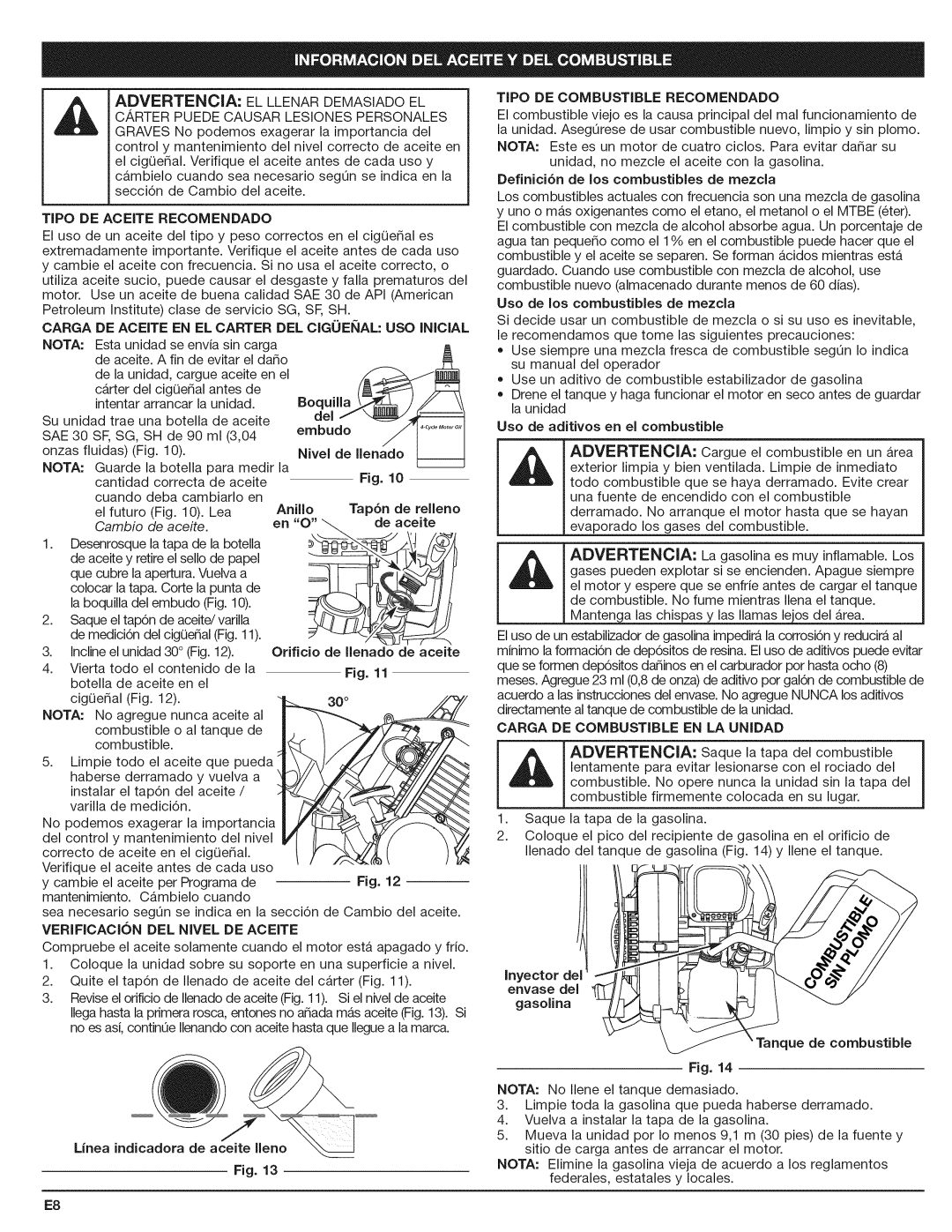 Craftsman 316.794801 manual De relleno, Linea indicadora de aceite Ileno, Tipo DE Combustible Recomendado 