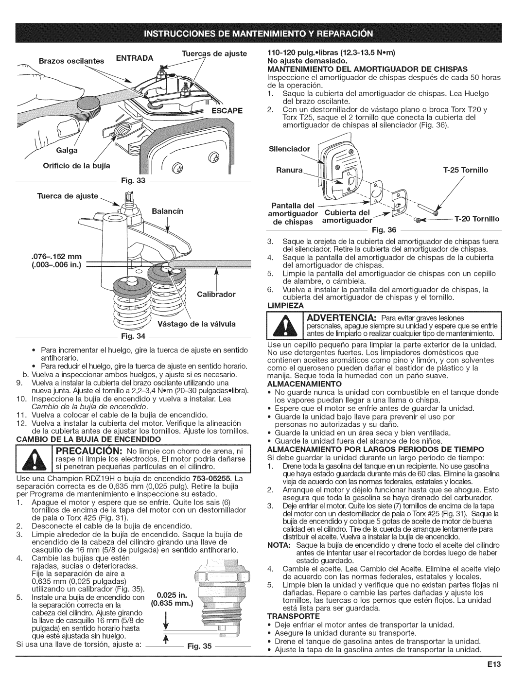 Craftsman 316.794801 manual Escape, Cambio DE LA Bujia DE Encendido, Limpieza, Almacenamiento POR Largos Periodos DE Tiempo 