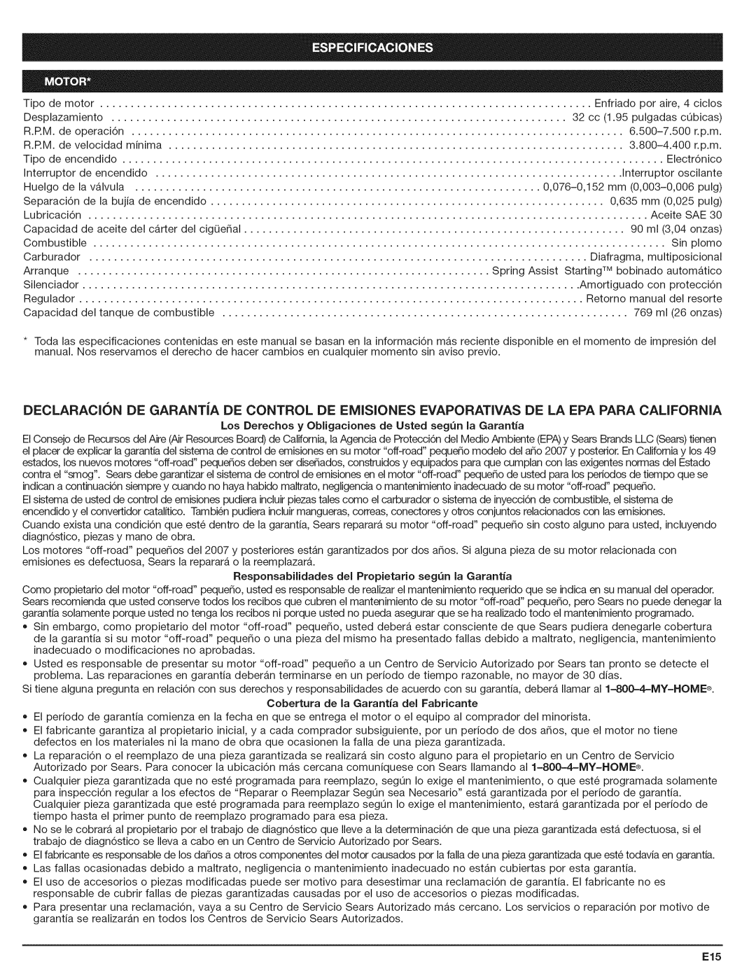 Craftsman 316.794801 manual Los Derechos y Obligaciones de Usted segn la Garantia, Cobertura de la Garantia del Fabricante 