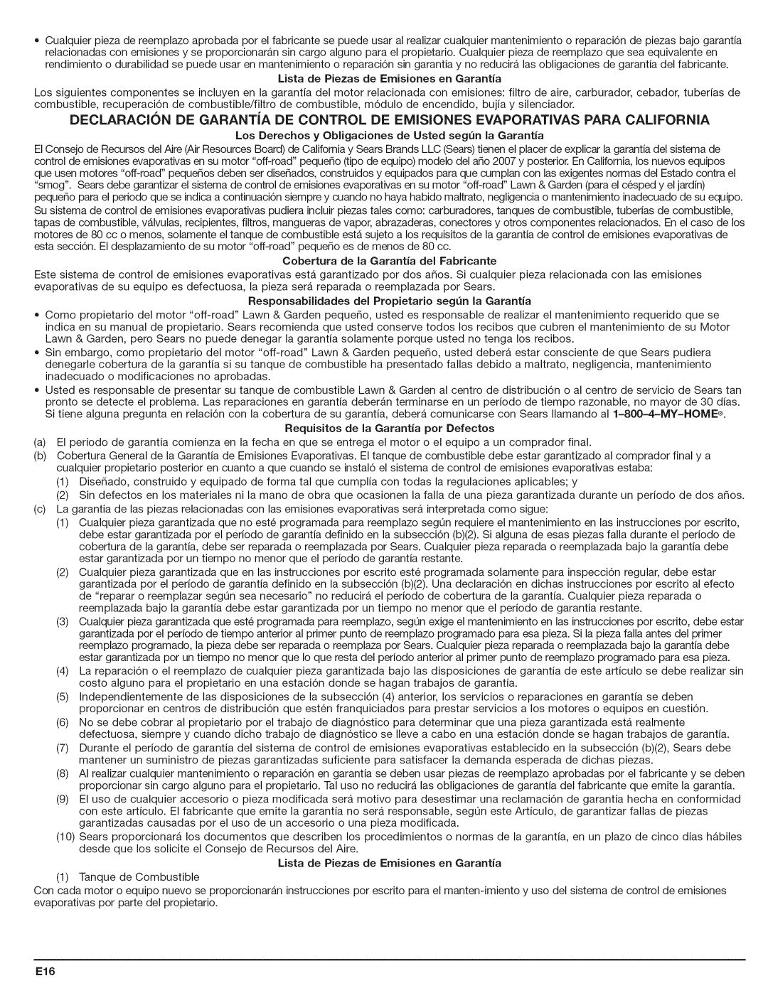 Craftsman 316.794801 Lista de Piezas de Emisiones en Garantia, Responsabilidades del Propietario segn la Garantia, E16 