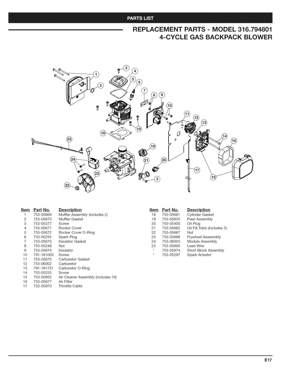 Craftsman 316.794801 manual Replacement Parts Model, E17 