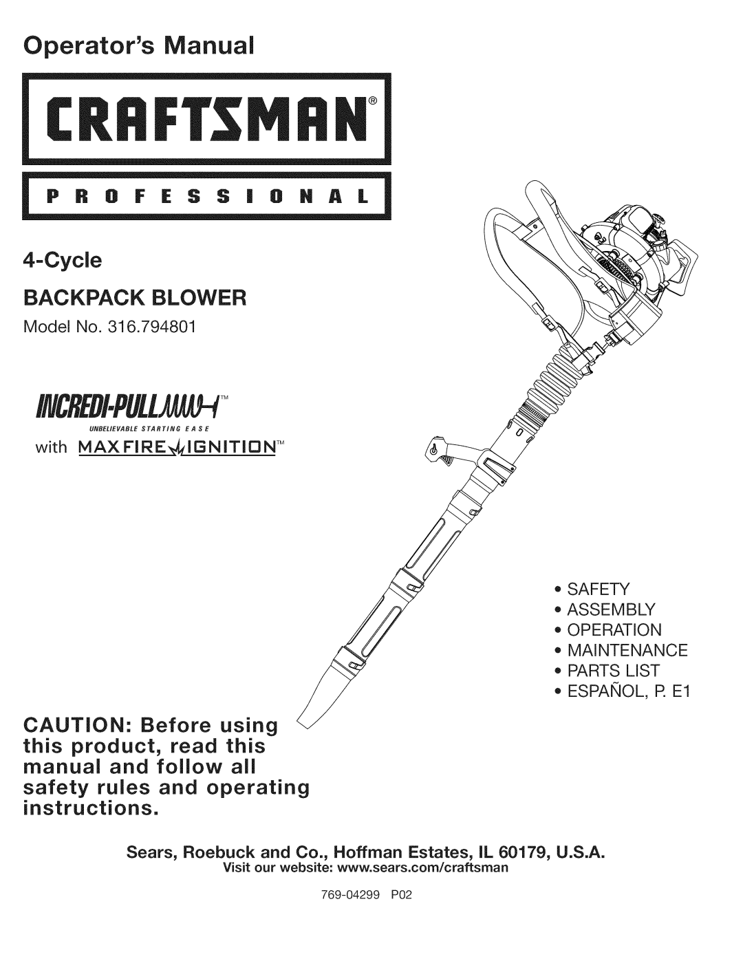 Craftsman 316.794801 manual Operators Manual, Cycle, Backpack Blower, safety rules and operating, instructions 