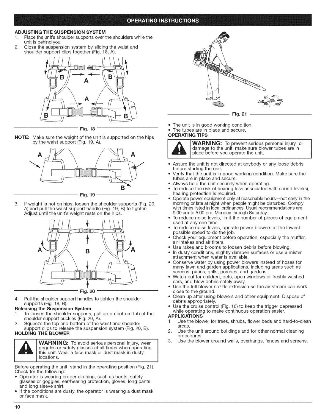 Craftsman 316.794801 manual Adjusting The Suspension System, Holding The Blower 