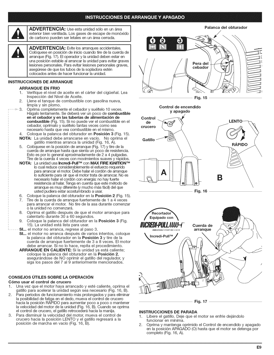 Craftsman 316.794801 manual Instrucciones De Arranque, Gatillo Fig, Fig. INSTRUCCIONES DE PARADA 
