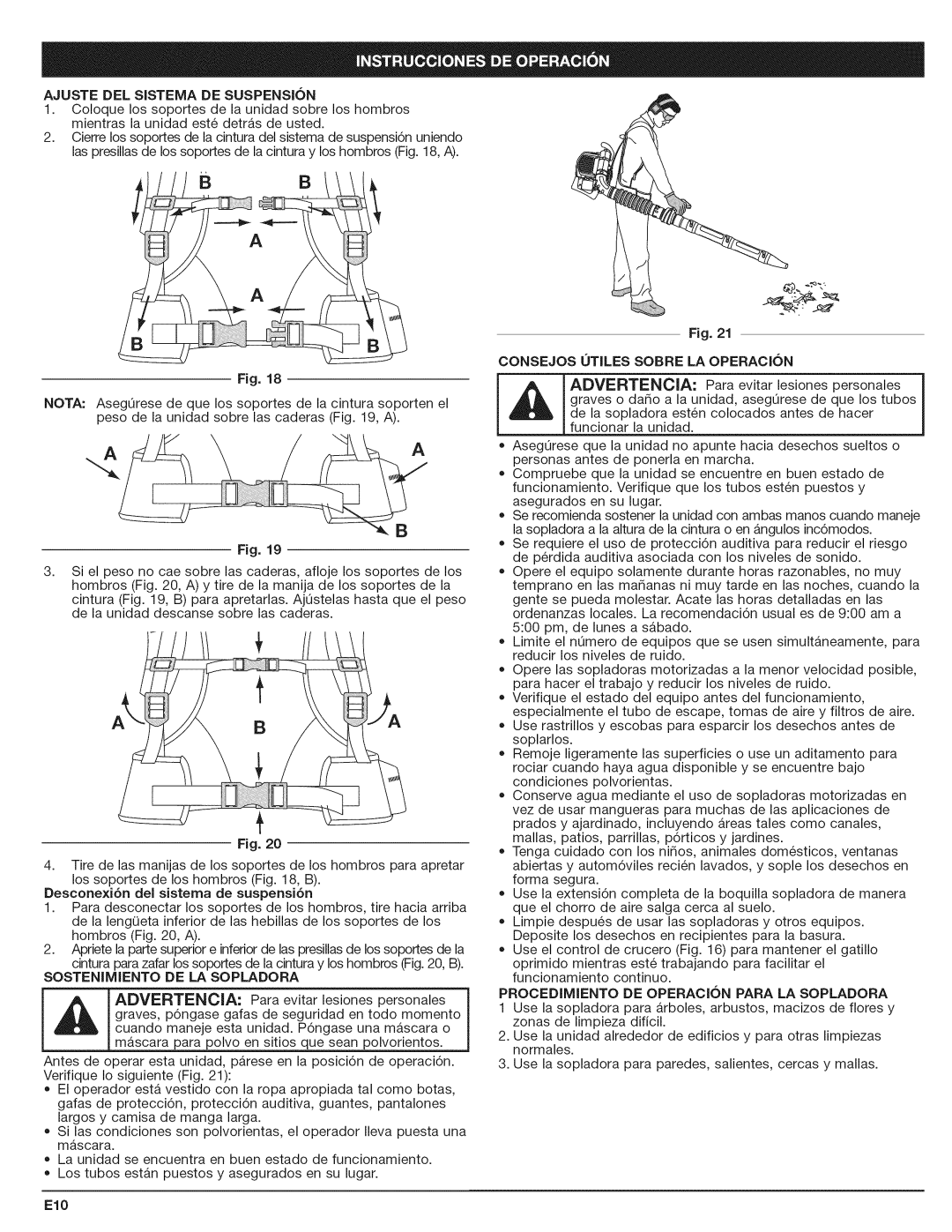 Craftsman 316.794801 manual Ajustedel Sistema De Suspension, Fig, Procedimiento De Operacion Para La Sopladora 