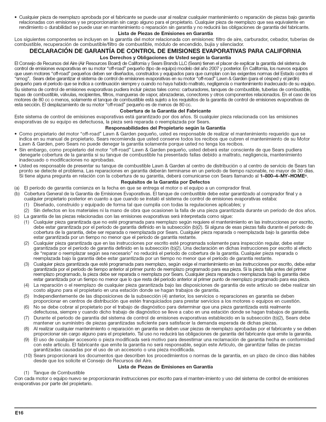 Craftsman 316.794801 manual Lista de Piezas de Emisiones en Garantia, Requisitos de la Garantia pot Defectos 