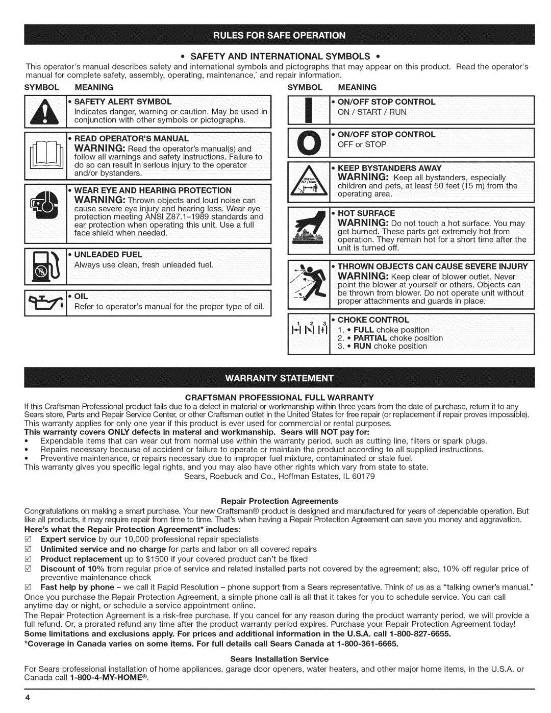 Craftsman 316.794801 manual _;_ I WARNING: Keepal ! bystanders, especially, Meaning, Safety, Alert, Symbol, Unleaded Fuel 