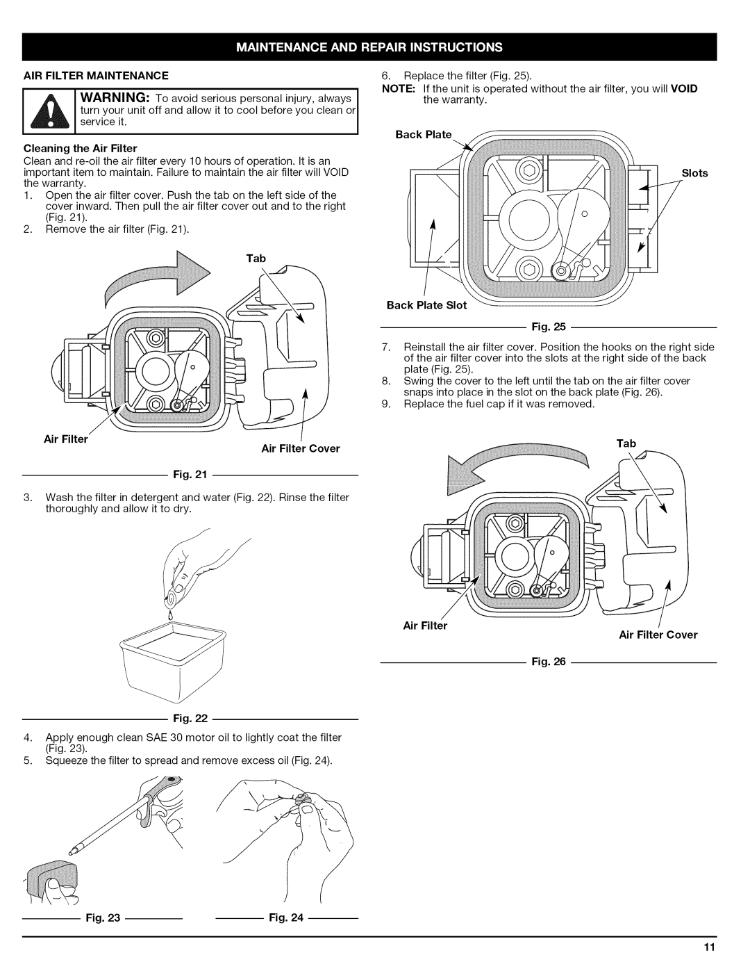 Craftsman 316.794830 manual AIR Filter Maintenance 