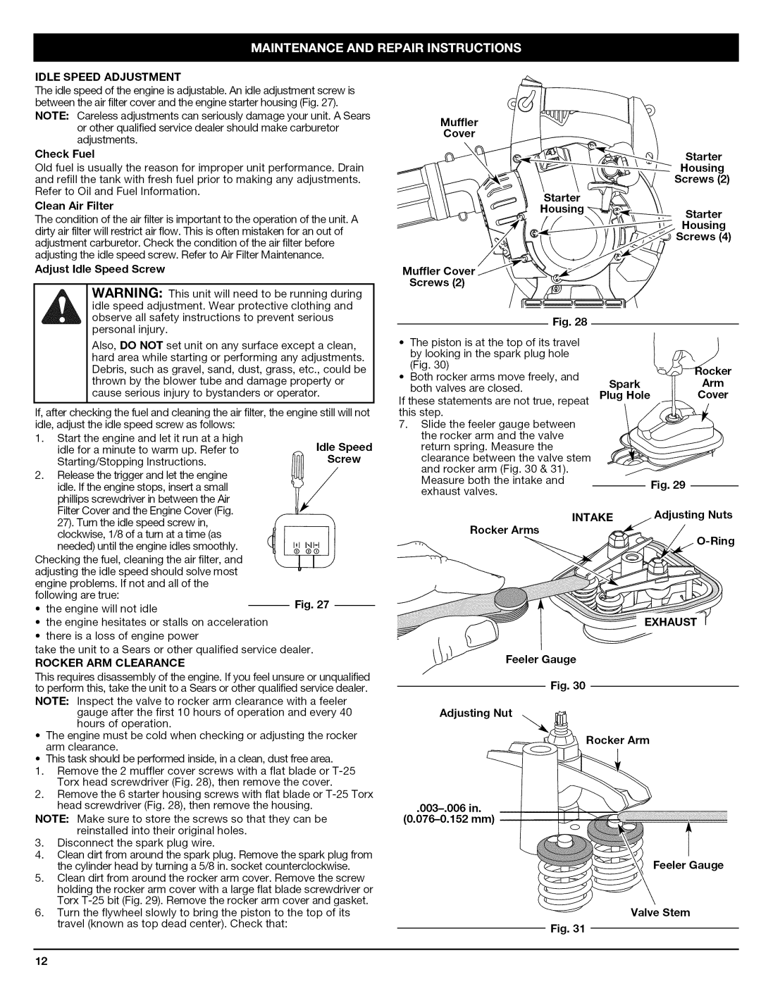 Craftsman 316.794830 manual Idle Speed Adjustment, Intake 