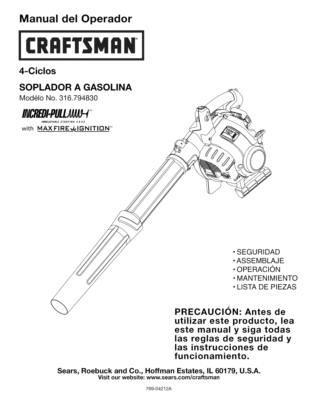 Craftsman 316.794830 manual Manual del Operador 