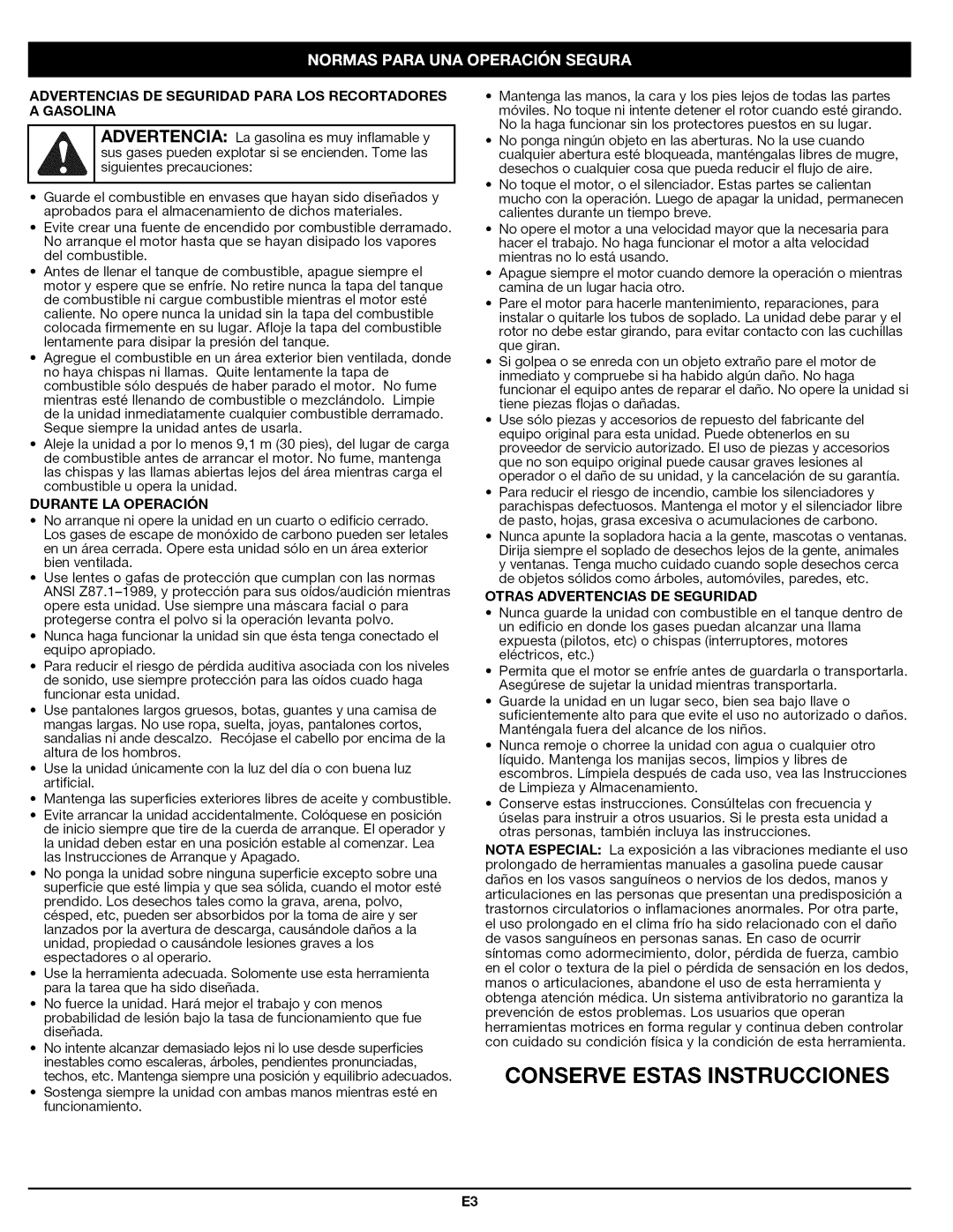 Craftsman 316.794830 manual Durante LA Operacion, Ansi, Otras Advertencias DE Seguridad, Nota Especial 