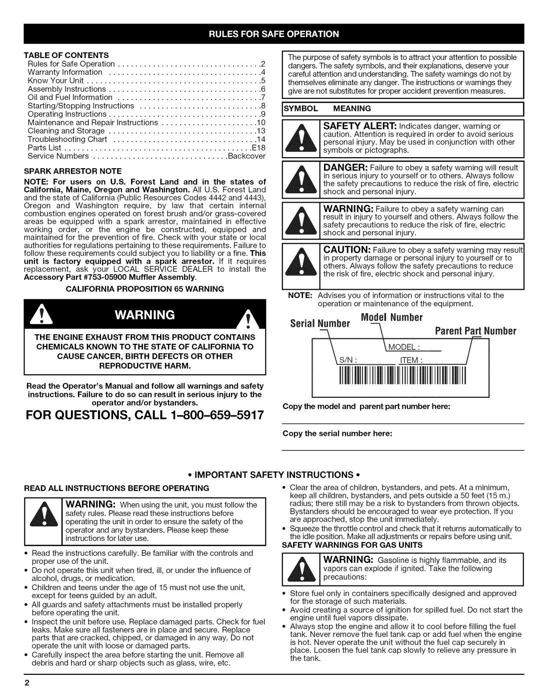 Craftsman 316.794830 manual For QUESTIONS, Call 