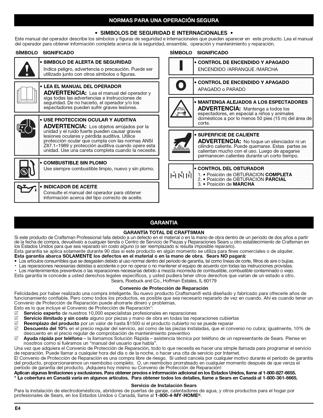 Craftsman 316.794830 manual Simbolo DE Alerta DE Seguridad, LEA EL Manual DEL Operador, USE Proteccion Ocular Y Auditiva 