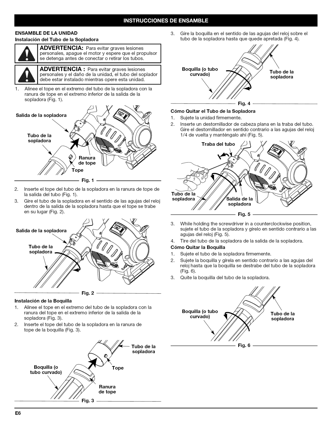 Craftsman 316.794830 manual Tubo de la sopladora Boquilla o, Tubo Ranura de tope, Boquilla o tubo Tubo de la 