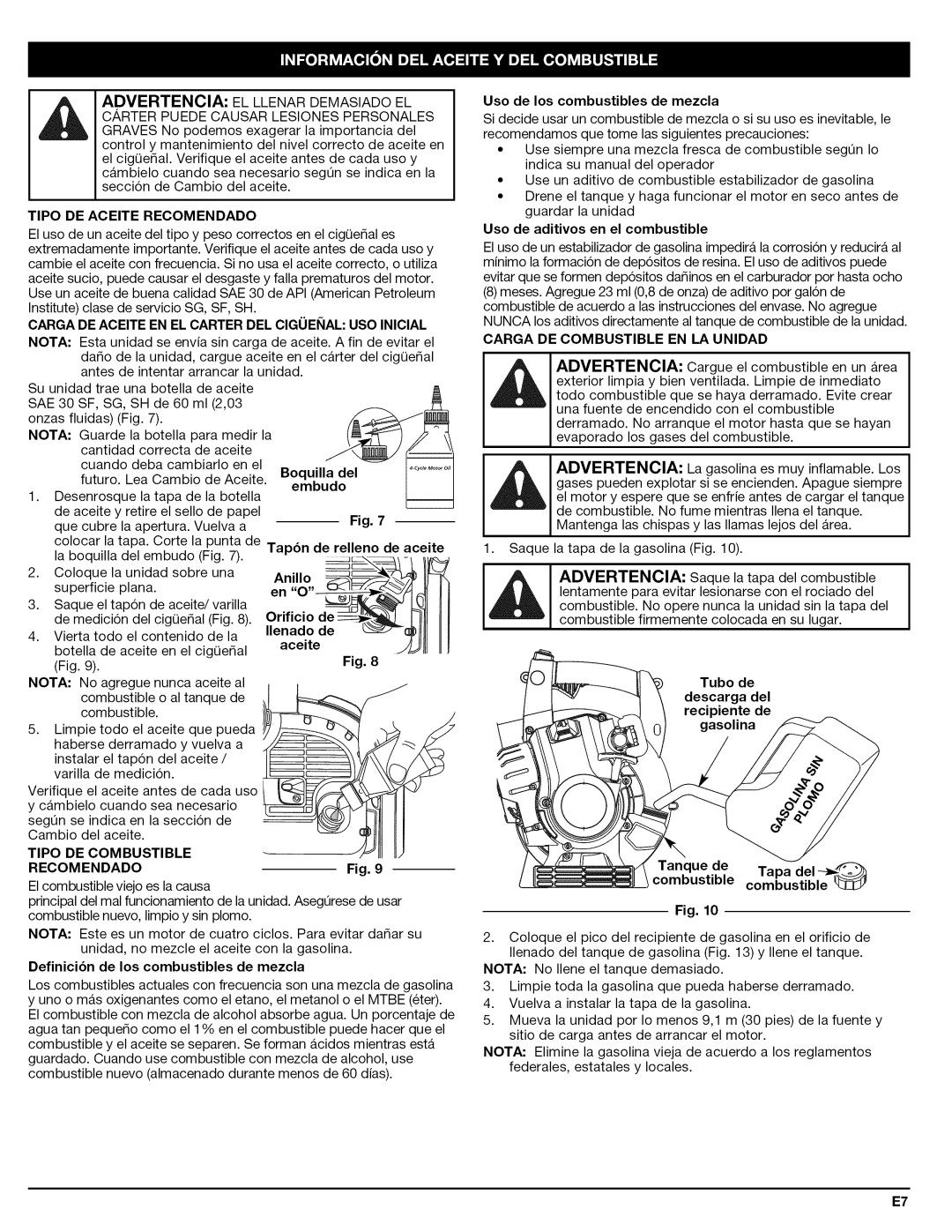 Craftsman 316.794830 manual Tipo DE Aceite Recomendado, Carga DE Combustible EN LA Unidad 