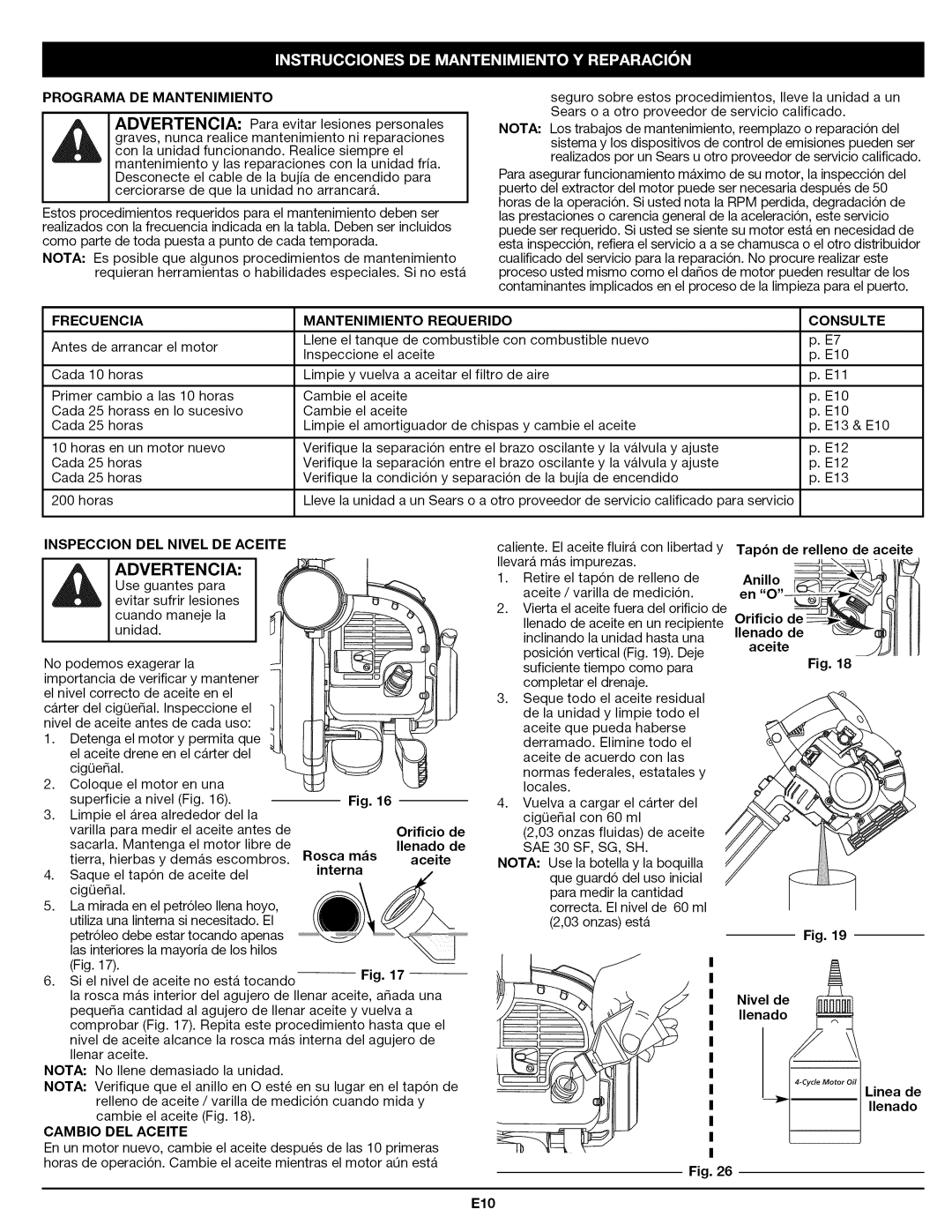 Craftsman 316.794830 manual Programa DE Mantenimiento, Frecuencia Mantenimiento Requerido Consulte, Eio 