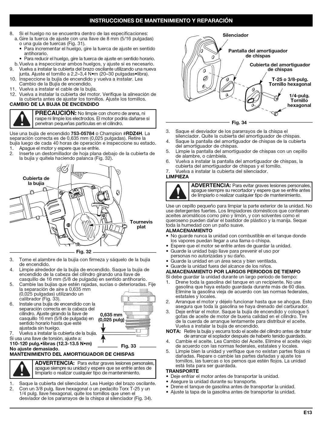 Craftsman 316.794830 manual Mantenimiento DEL Amortiguador DE Chispas, Advertencia 