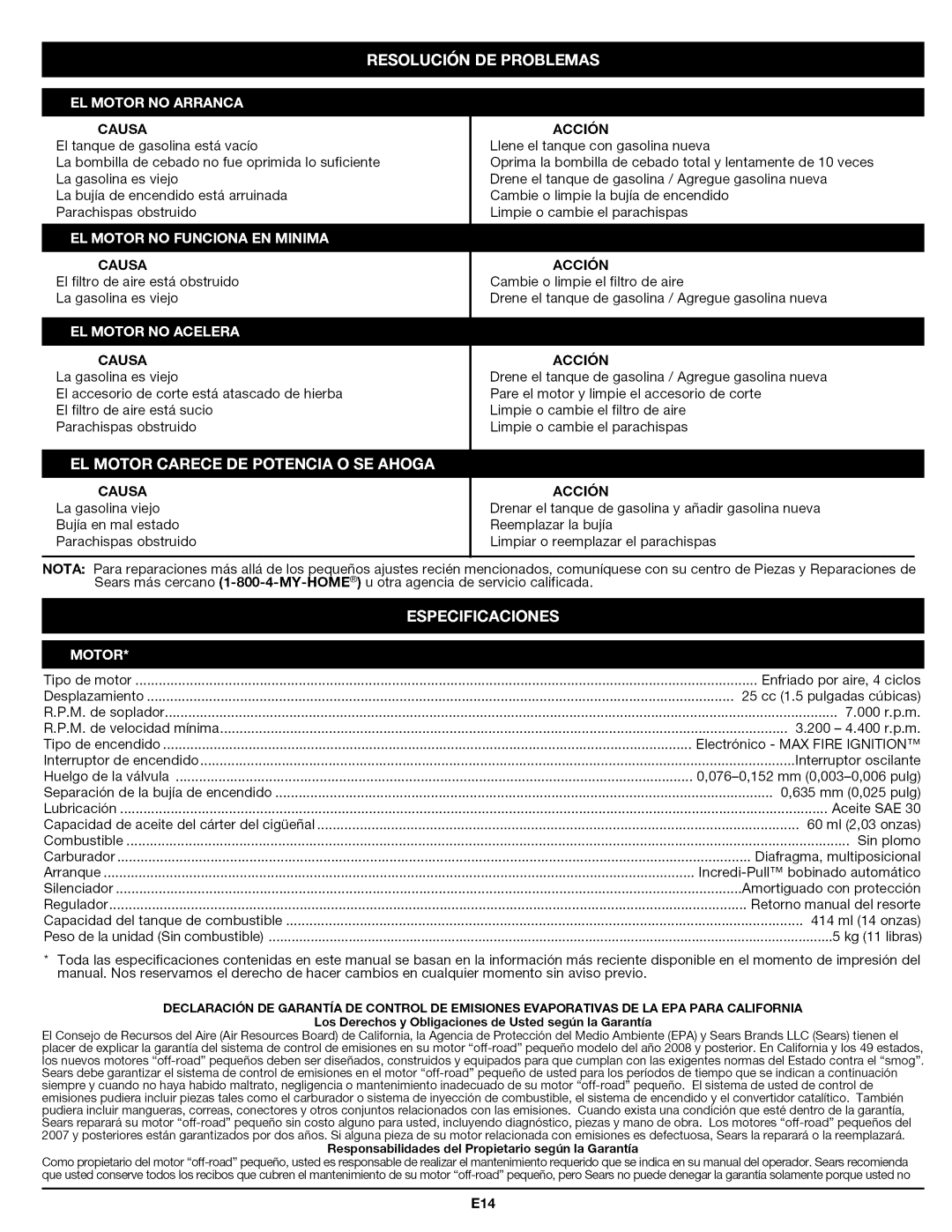 Craftsman 316.794830 manual Causa, E14 