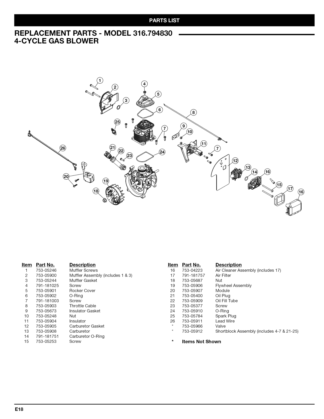 Craftsman 316.794830 manual Items Not Shown, E18 