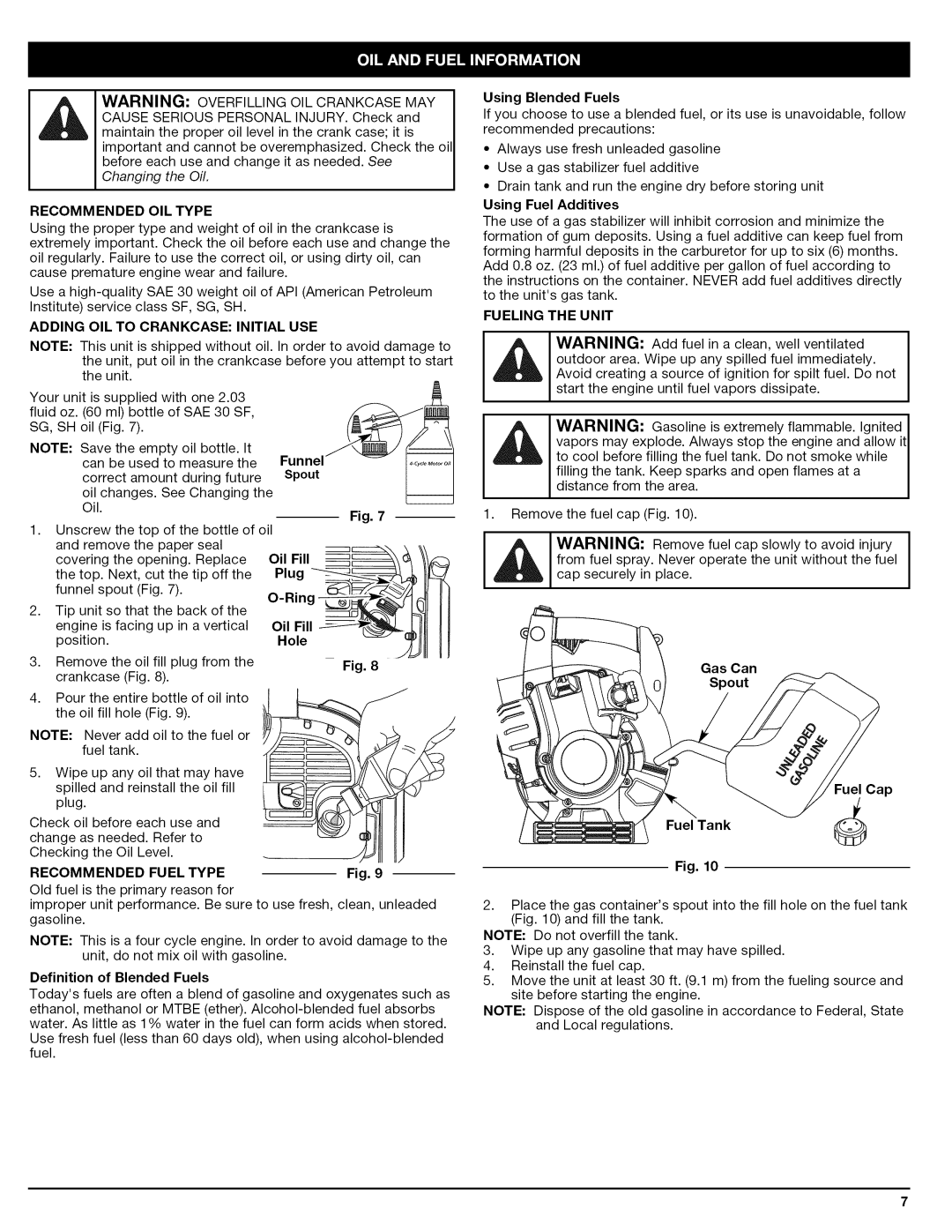 Craftsman 316.794830 manual Recommended OIL Type, Adding OIL to Crankcase Initial USE 