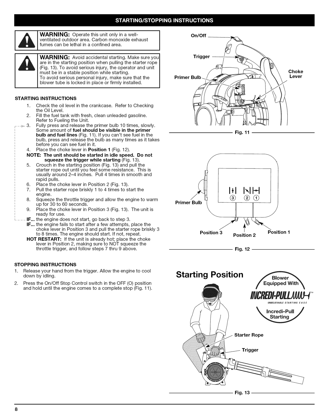 Craftsman 316.794830 manual Starting Instructions, Stopping Instructions 