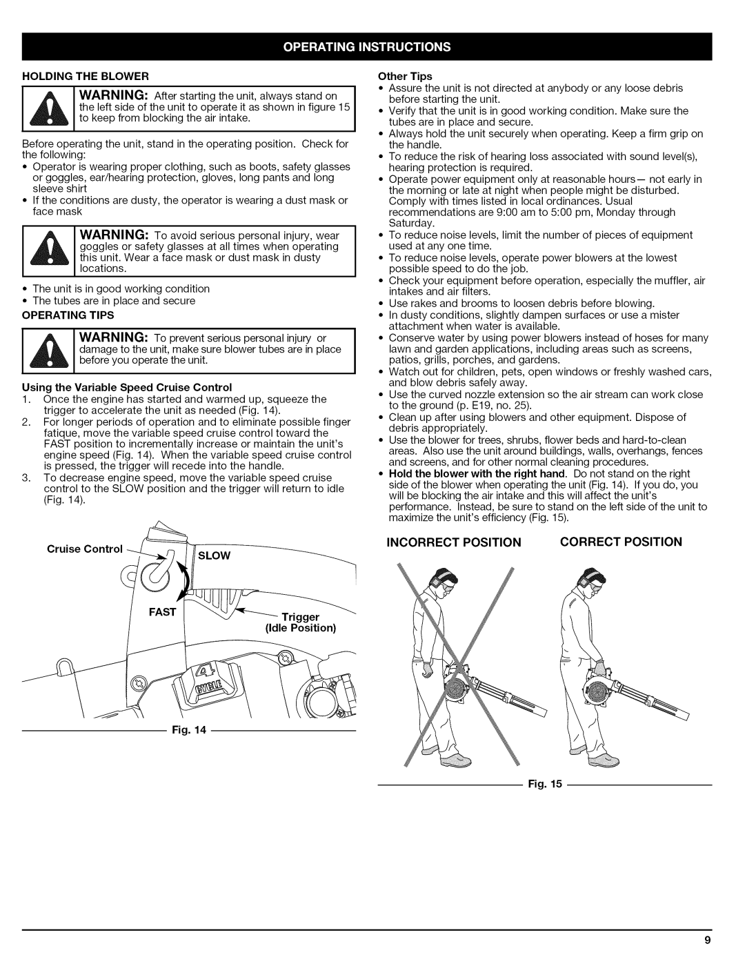 Craftsman 316.794830 manual Holding the Blower, Operating Tips, Using the Variable Speed Cruise Control 