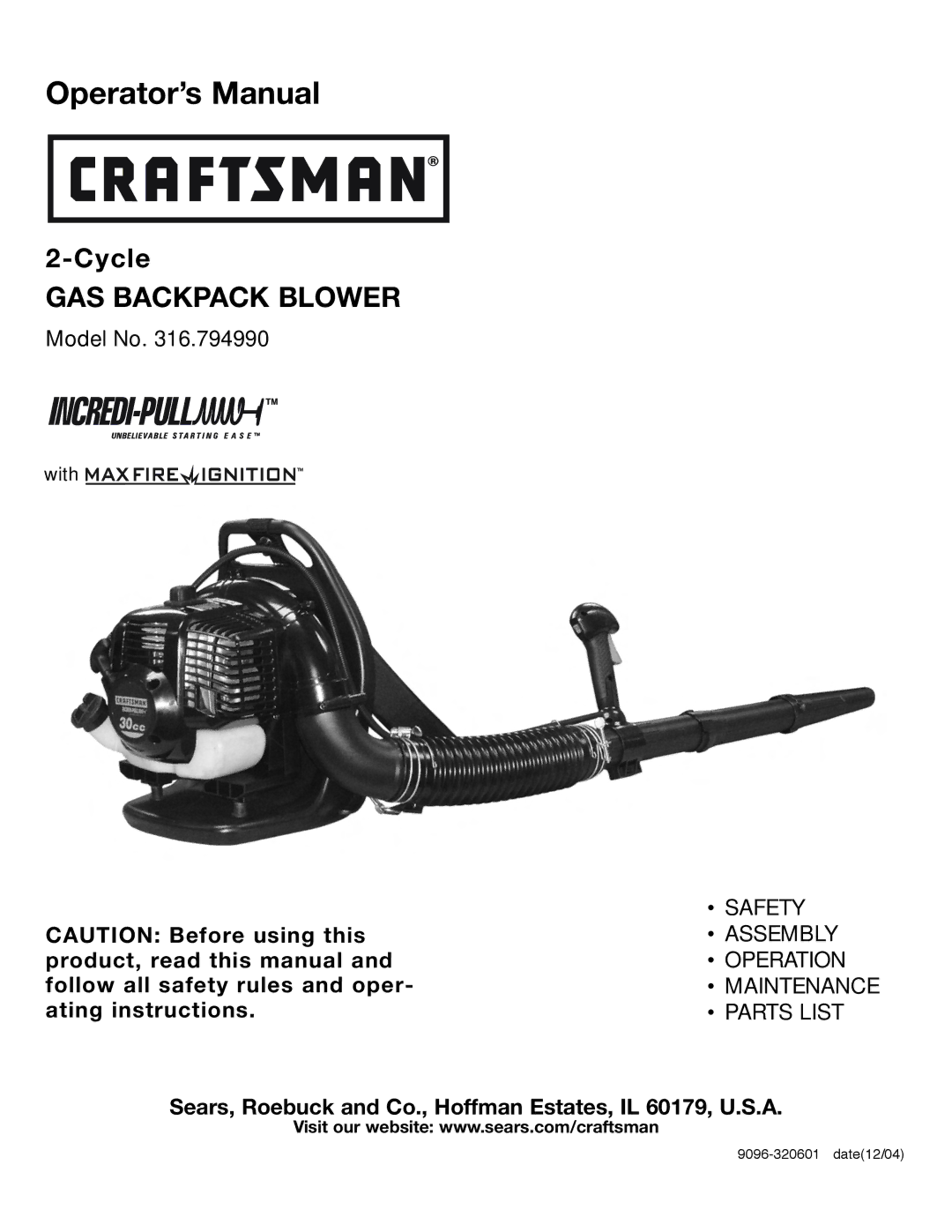 Craftsman 316.79499 manual Operator’s Manual 