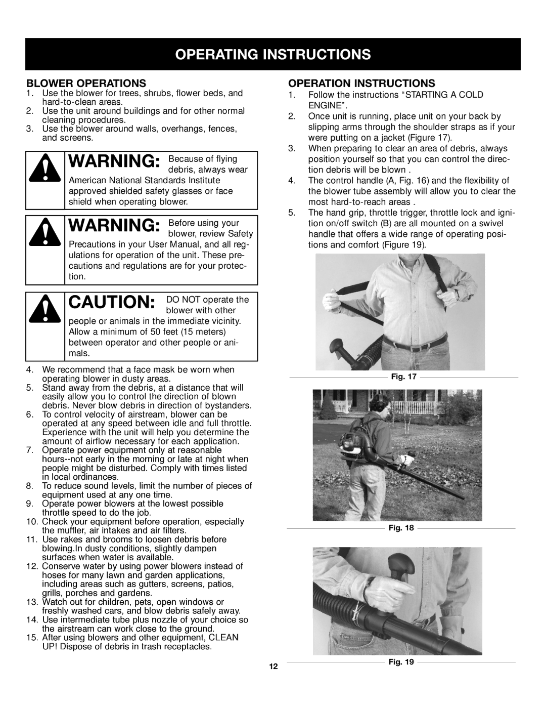 Craftsman 316.79499 manual Operating Instructions, Blower Operations, Operation Instructions 